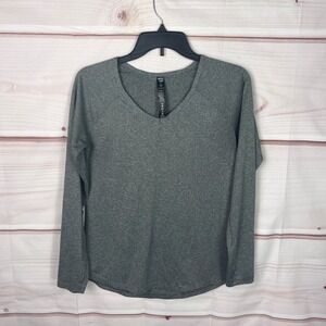 NYL Top Womens S Gray Stripe T-Shirt‎ V-Neck Active Long Sleeve Performance Knit